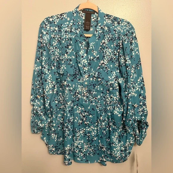 Tahari Teal Floral Button-Front Blouse. Size XL - Picture 1 of 7